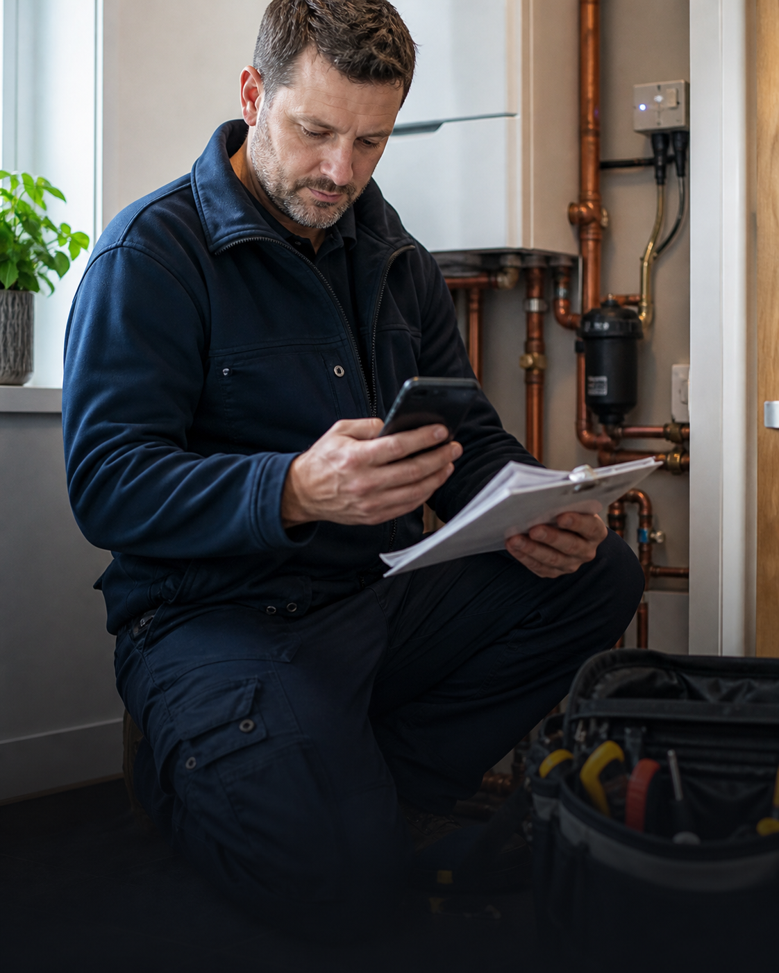Tradesperson checking scheduled jobs on a mobile phone