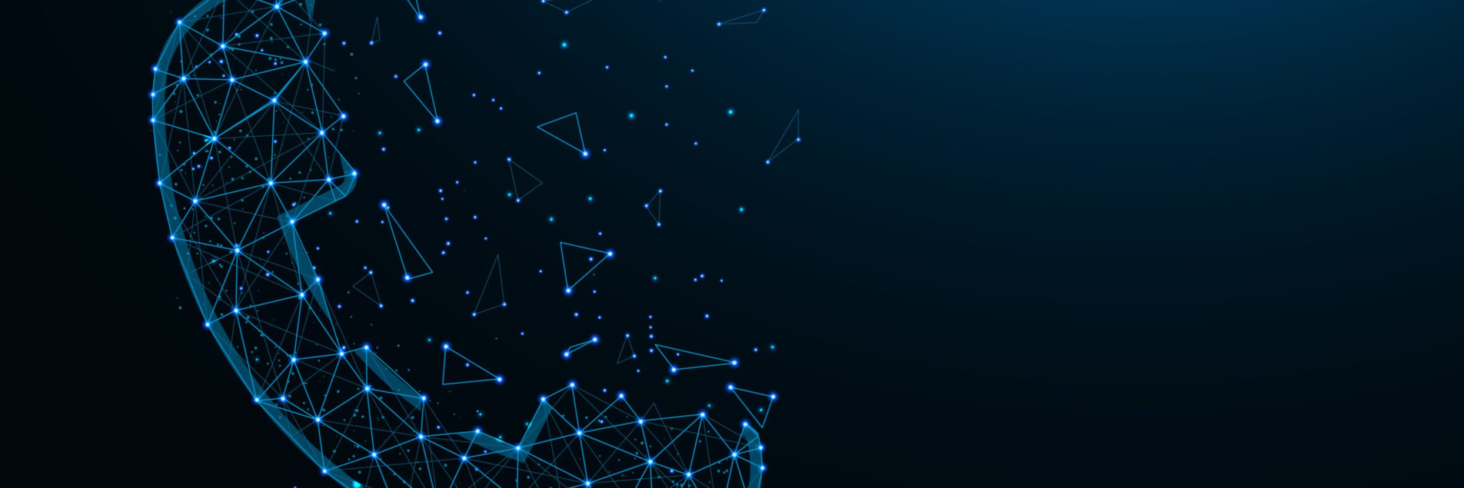 Handset made from points and lines on dark blue background, call wireframe mesh polygonal vector illustration